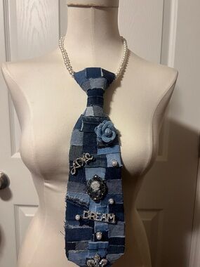 Hand Crafted Denim Patchwork Neck Tie Necklace with Blue Accents
